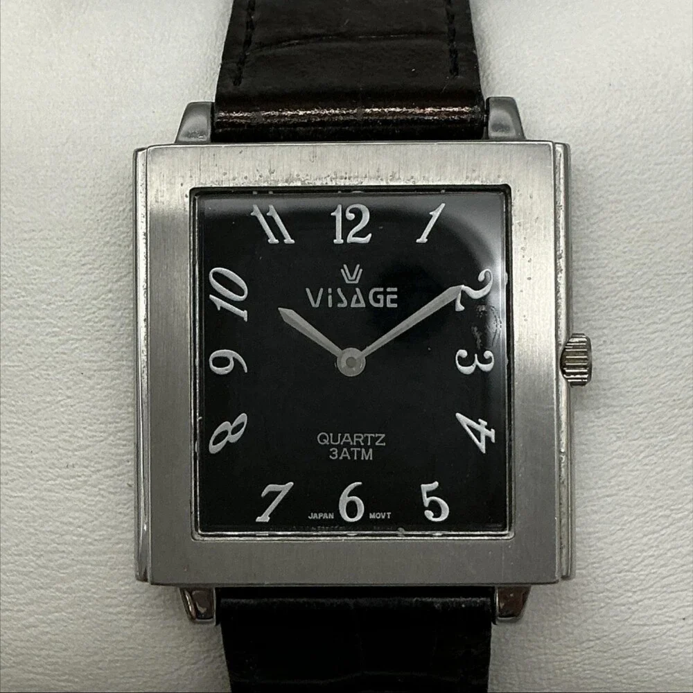 Visage Womens Watch 29mm Black Square Dial Brown Leather Band New Battery